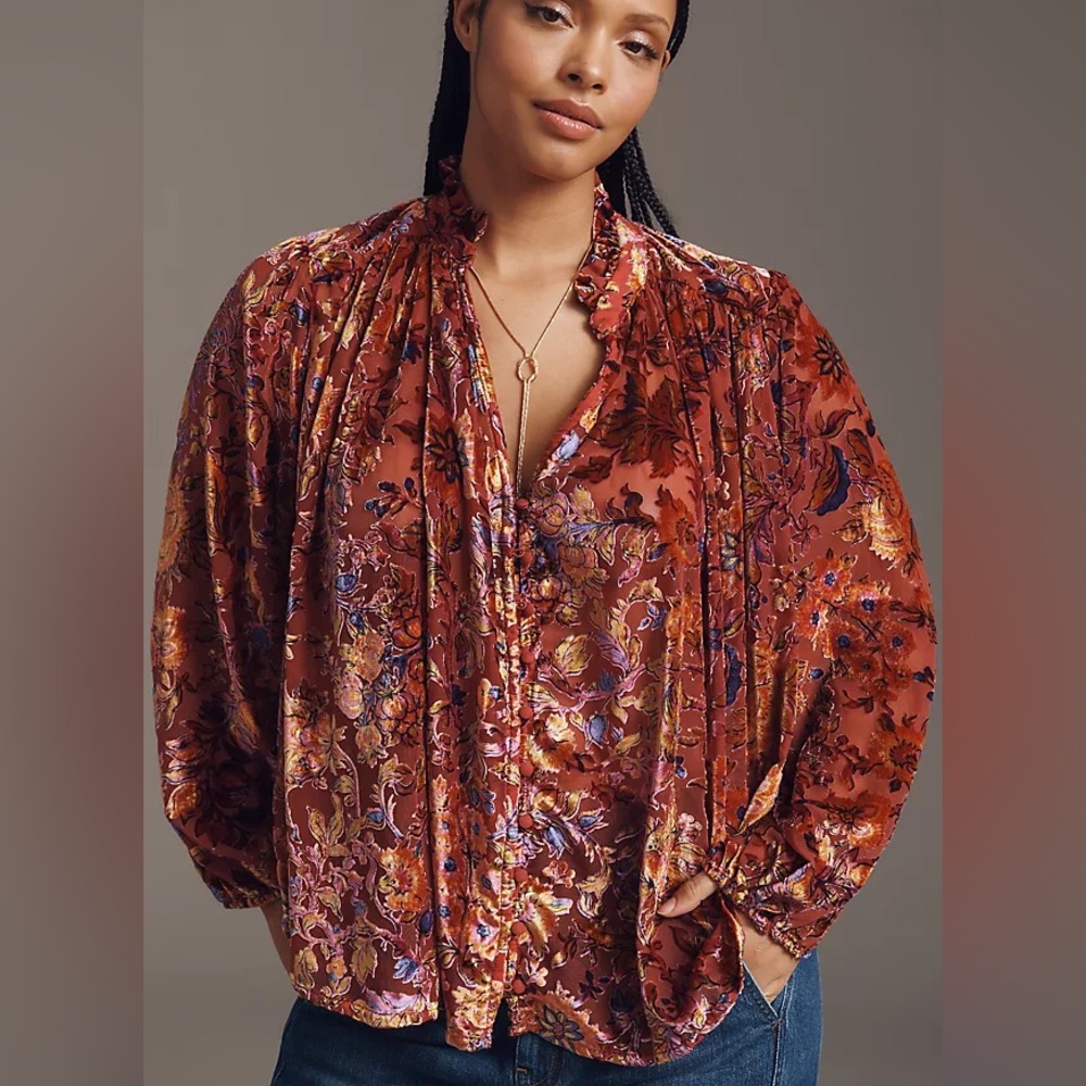 NWT Anthropologie The Estela Burnout Sheer Floral Printed Blouse in Maroon - Picture 2 of 14